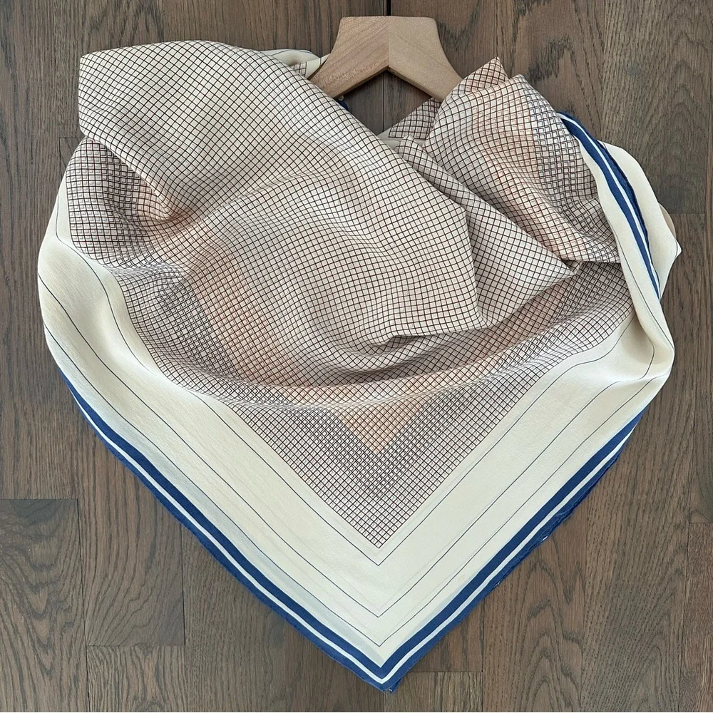 Vintage Anthro 100% Silk Crepe Scarf Grid Print Cream, Rust, Blue 34